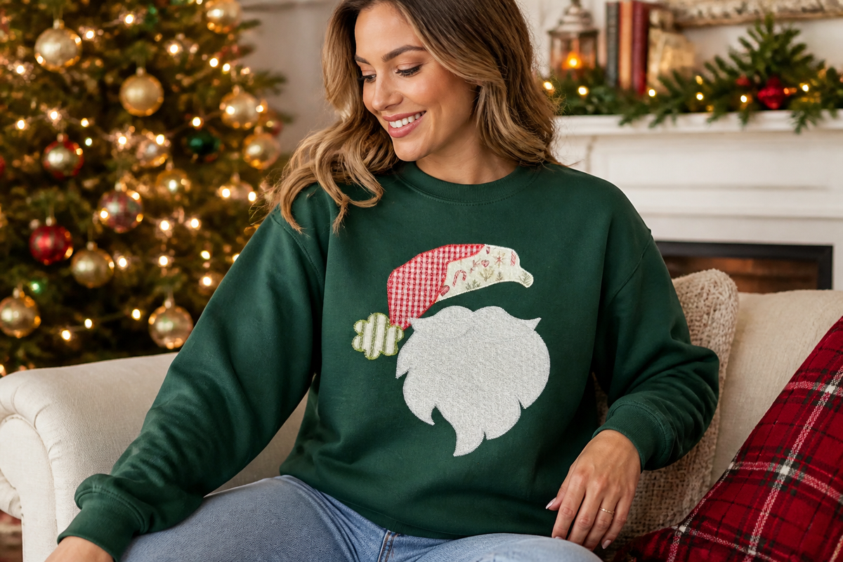 Patchwork Santa Appliqué Sweatshirt – Quilted Christmas Sweatshirt