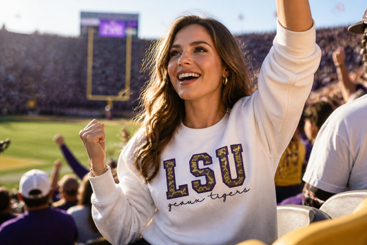 Geaux Tigers Lace Appliqué Sweatshirt – Purple & Gold Game Day Sweatshirt