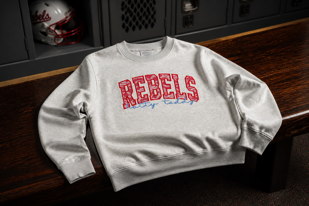 Rebels Lace Appliqué Mock Neck Sweatshirt – Red & Blue Game Day Sweatshirt