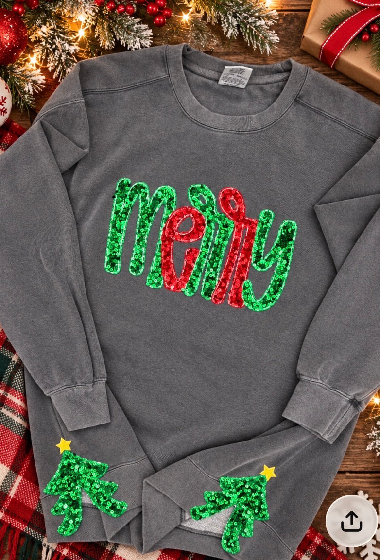 Merry Sequin Appliqué Sweatshirt with Side Seam Christmas Trees