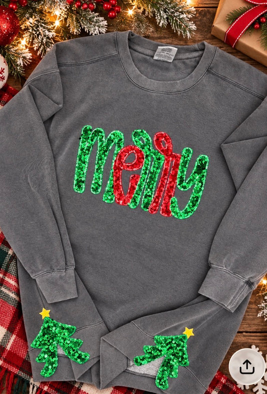 Merry Sequin Appliqué Sweatshirt with Side Seam Christmas Trees