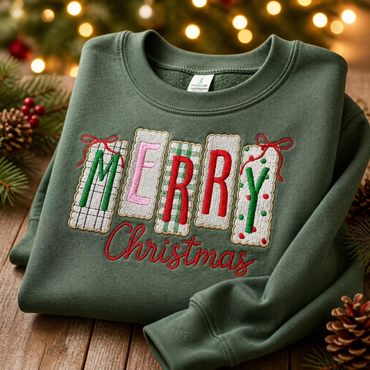 Merry Christmas Patchwork Embroidered Sweatshirt – Festive Christmas Crewneck
