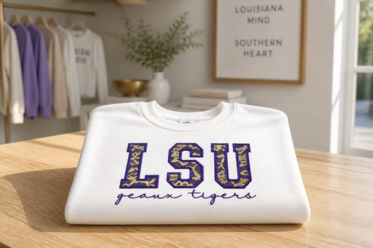 Geaux Tigers Lace Appliqué Sweatshirt – Purple & Gold Game Day Sweatshirt